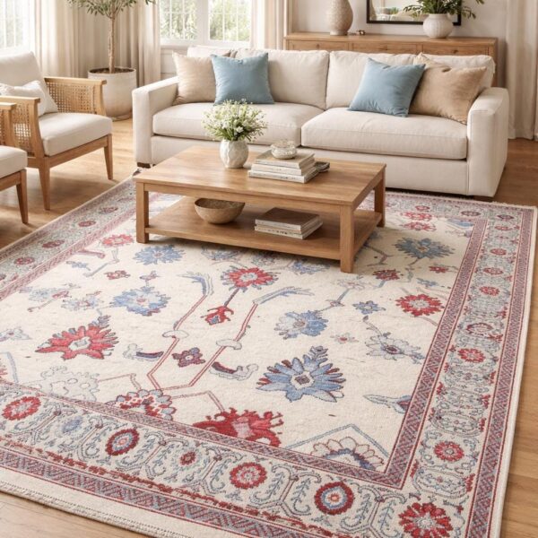 Hand Knotted Oushak Area Rug – Cream, Blue, Red Tribal Floral Wool (8x10)