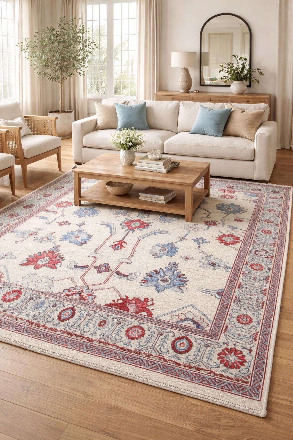 Hand Knotted Oushak Area Rug – Cream, Blue, Red Tribal Floral Wool (8x10)