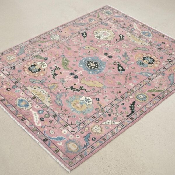 Hand Knotted Oushak Area Rug, Cream Pink Beige Floral Wool Carpet, Vintage Turkish Style Living Room Rug, 9x12 8x10