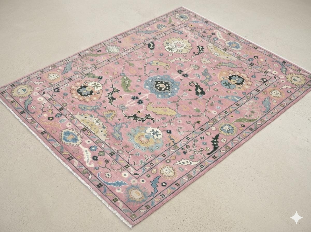 Hand Knotted Oushak Area Rug, Cream Pink Beige Floral Wool Carpet, Vintage Turkish Style Living Room Rug, 9x12 8x10