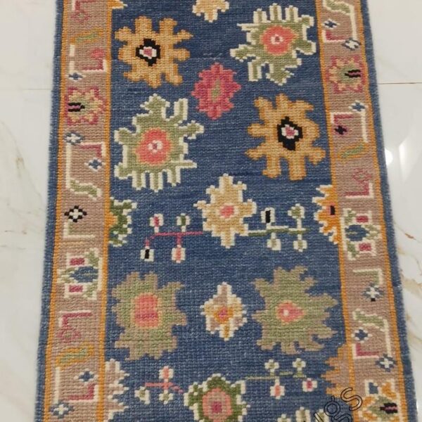 Hand Knotted Wool Runner Rug – Blue Beige, Non Slip Hallway Carpet, custom sizes availabe