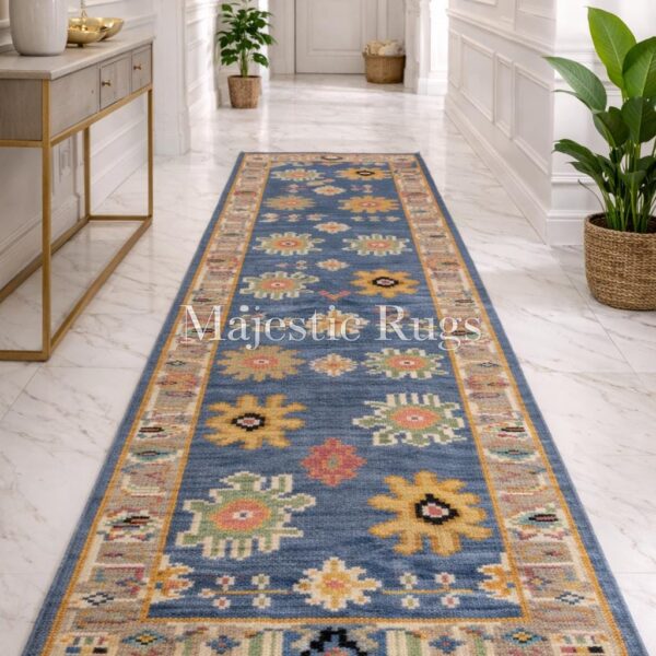 Hand Knotted Wool Runner Rug – 2x6 2x8 2x10 feet Traditional Oushak Floral, Blue Beige Hallway Carpet