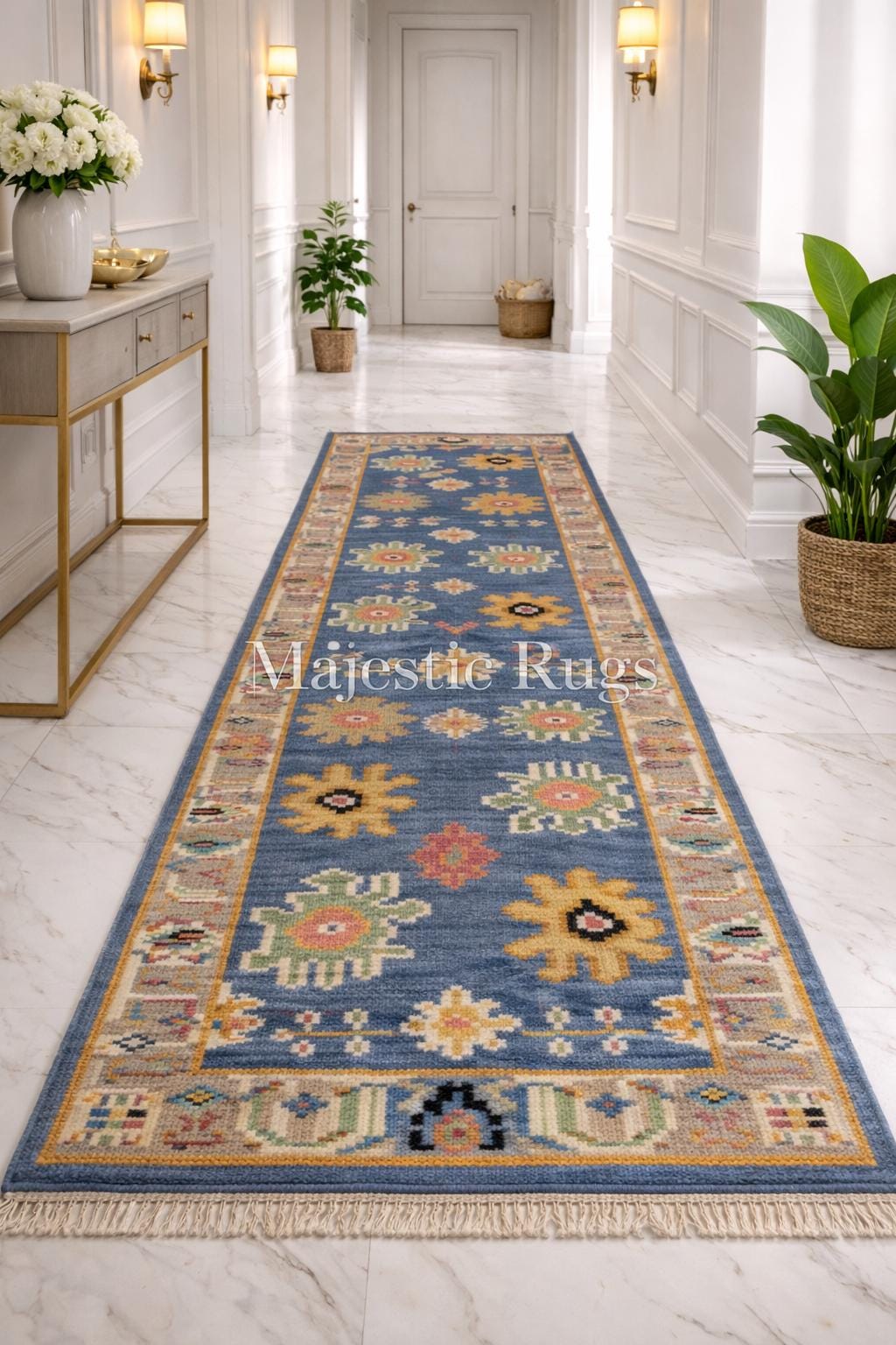 Hand Knotted Wool Runner Rug – 2x6 2x8 2x10 feet Traditional Oushak Floral, Blue Beige Hallway Carpet
