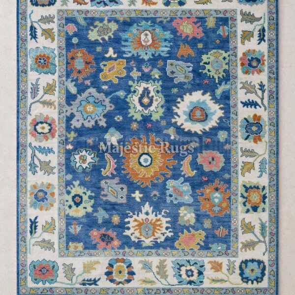 Hand Knotted Blue Oushak Wool Rug, Tribal Geometric Turkish Style Area Carpet, Vintage Living Room Rug, Custom Size Available, 9x12 10x14