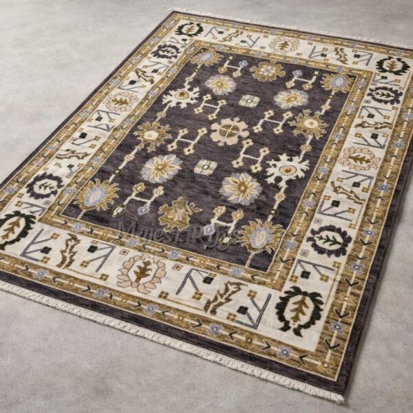 Hand Knotted Oushak Wool Rug, Dark Floral Turkish Boho Area Carpet, Vintage Handmade Living Room Bedroom Rug, 8x10 Feet