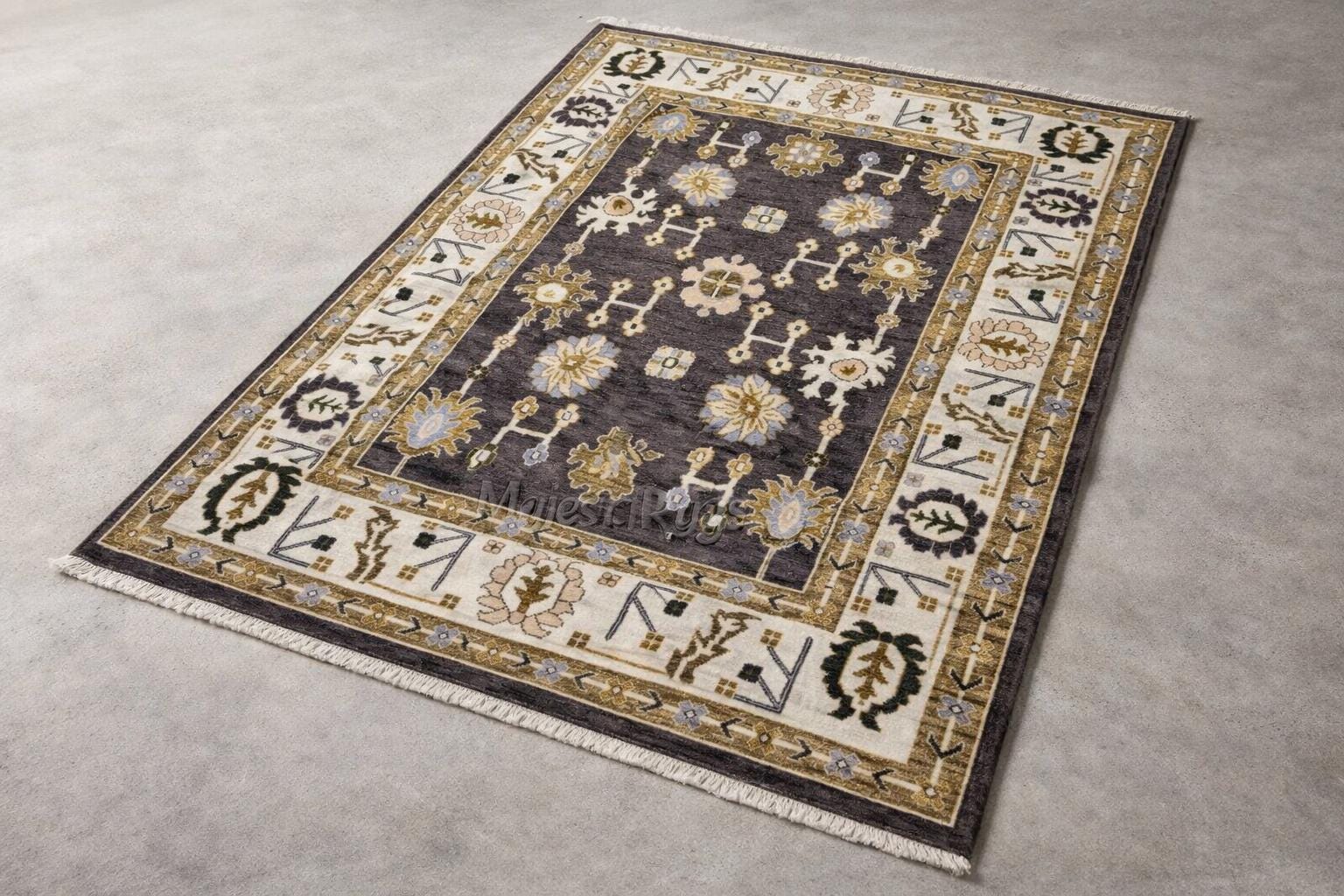 Hand Knotted Oushak Wool Rug, Dark Floral Turkish Boho Area Carpet, Vintage Handmade Living Room Bedroom Rug, 8x10 Feet