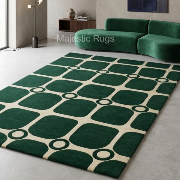 Green Geometric Wool Rug, 9x12 10x14 12x18 feet Modern Hand Tufted Area Rug