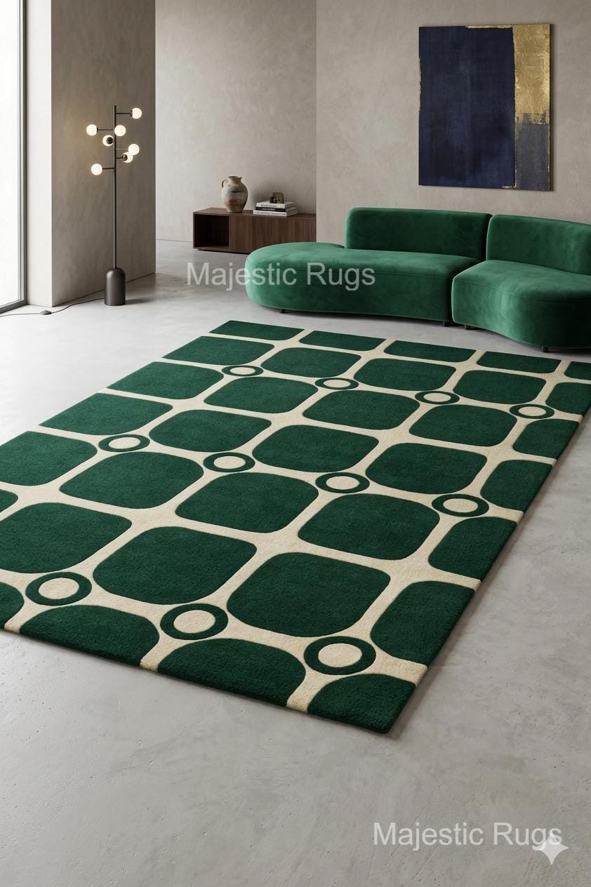 Green Geometric Wool Rug, 9x12 10x14 12x18 feet Modern Hand Tufted Area Rug