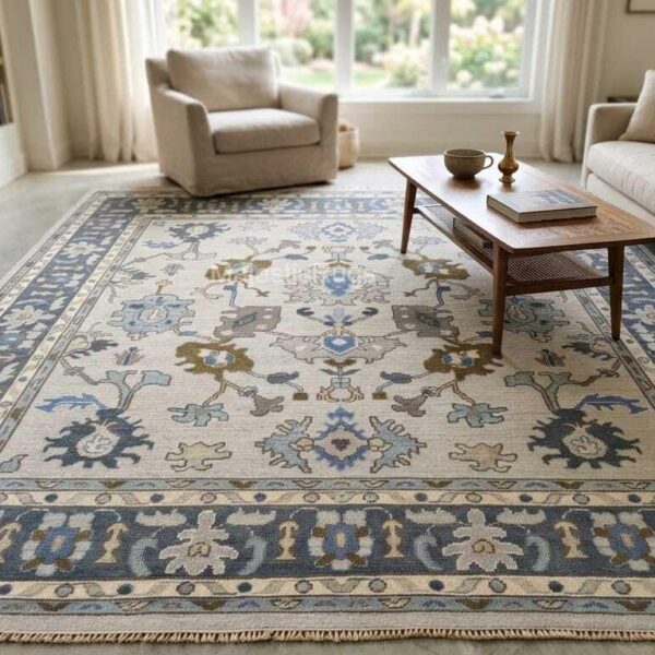 Hand Knotted Oushak Wool Rug | Blue Cream Floral Boho Area Rug 10*14 Feet