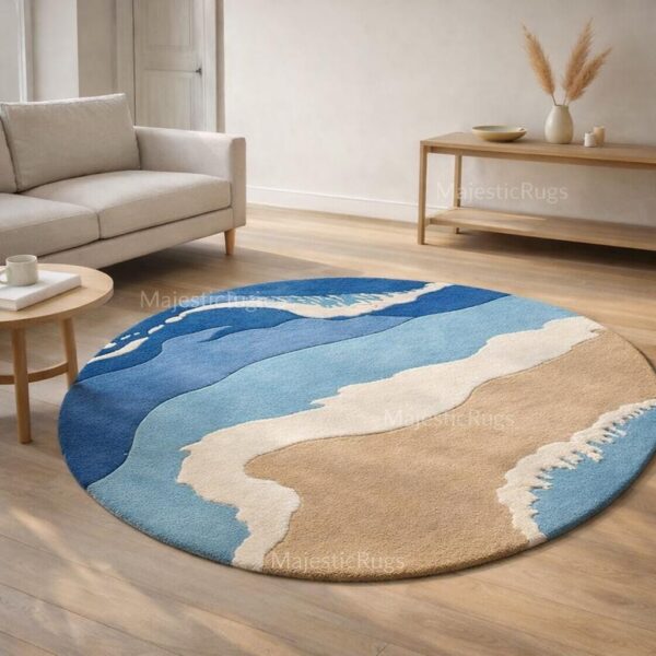 Ocean Wave Round Rug | Hand Tufted Wool Coastal Beach Area Rug