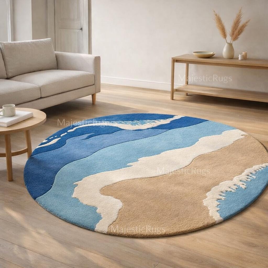 Ocean Wave Round Rug | Hand Tufted Wool Coastal Beach Area Rug