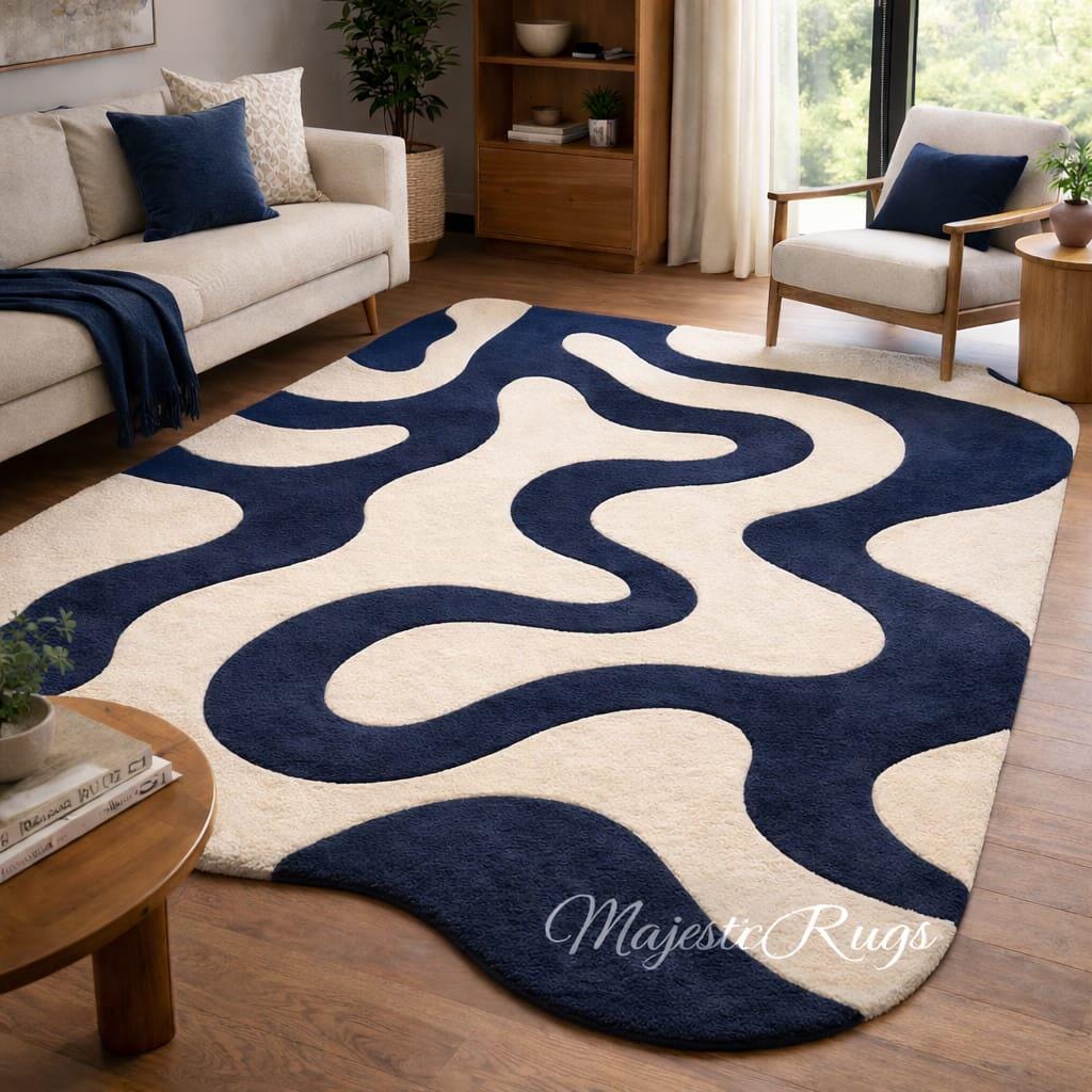 Navy Blue Cream Abstract Wool Rug, Modern Organic Shape Plush Carpet