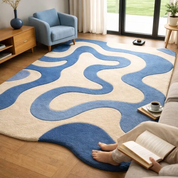 Tufted Colorful Wool Area Rug, Navy Blue Cream Abstract Organic Shape Carpet, Modern Plush Living Room Rug, 6x9 8x10 9x12 10x14