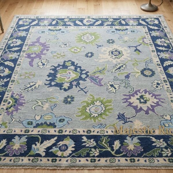 Hand Knotted Oushak Rug, Blue Floral Wool Area Rug, Vintage Turkish Style Botanical Living Room Carpet, 12x14 Feet
