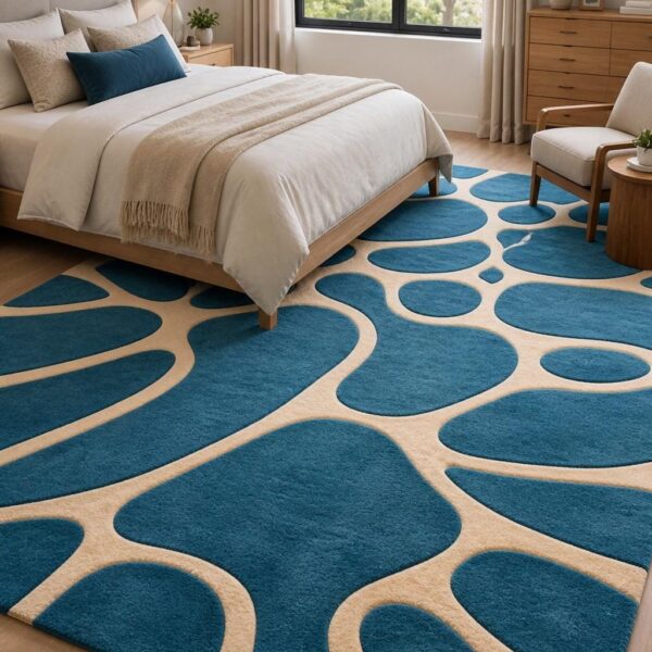Hand Tufted Wool Area Rug | Organic Wavy Blob Pattern, Navy Blue, Cream
