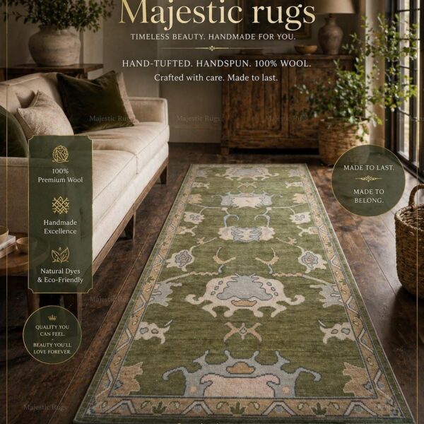 Hand Knotted Oushak Runner Rug, Traditional Wool Hallway Entryway Carpet