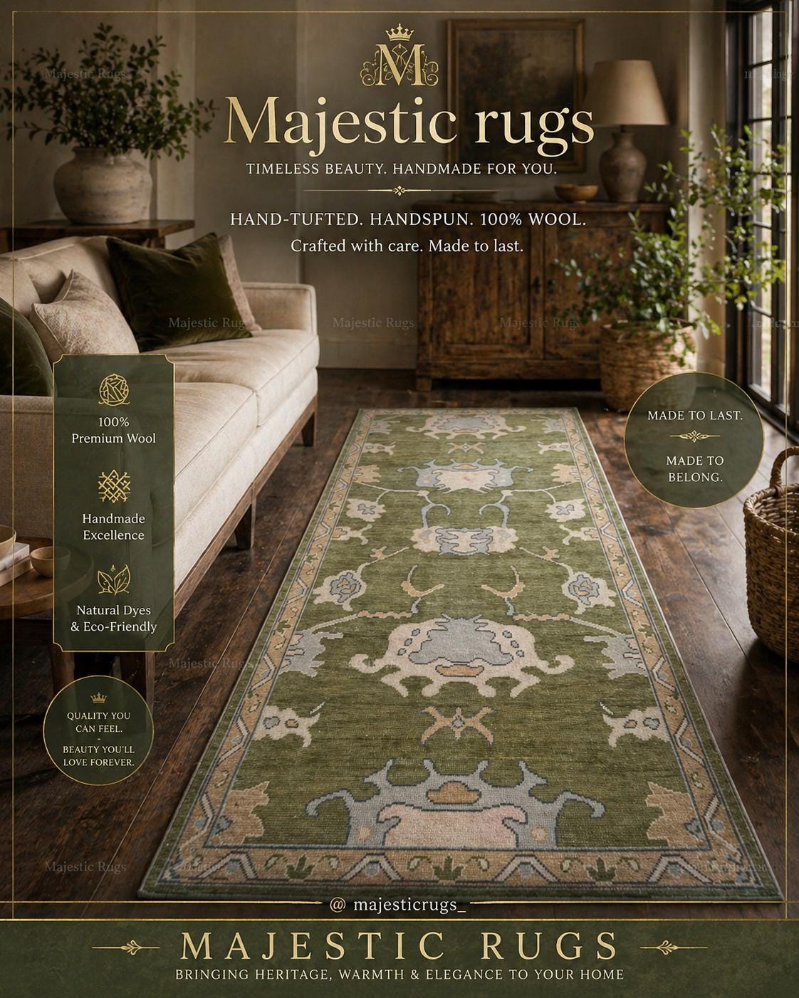 Hand Knotted Oushak Runner Rug, Traditional Wool Hallway Entryway Carpet