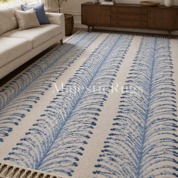 Blue Palm Hand Knotted Rug, 8x10 9x12 feet Modern Wool Area Rug, Neutral Boho Carpet, Luxury Handmade Living Room Rug