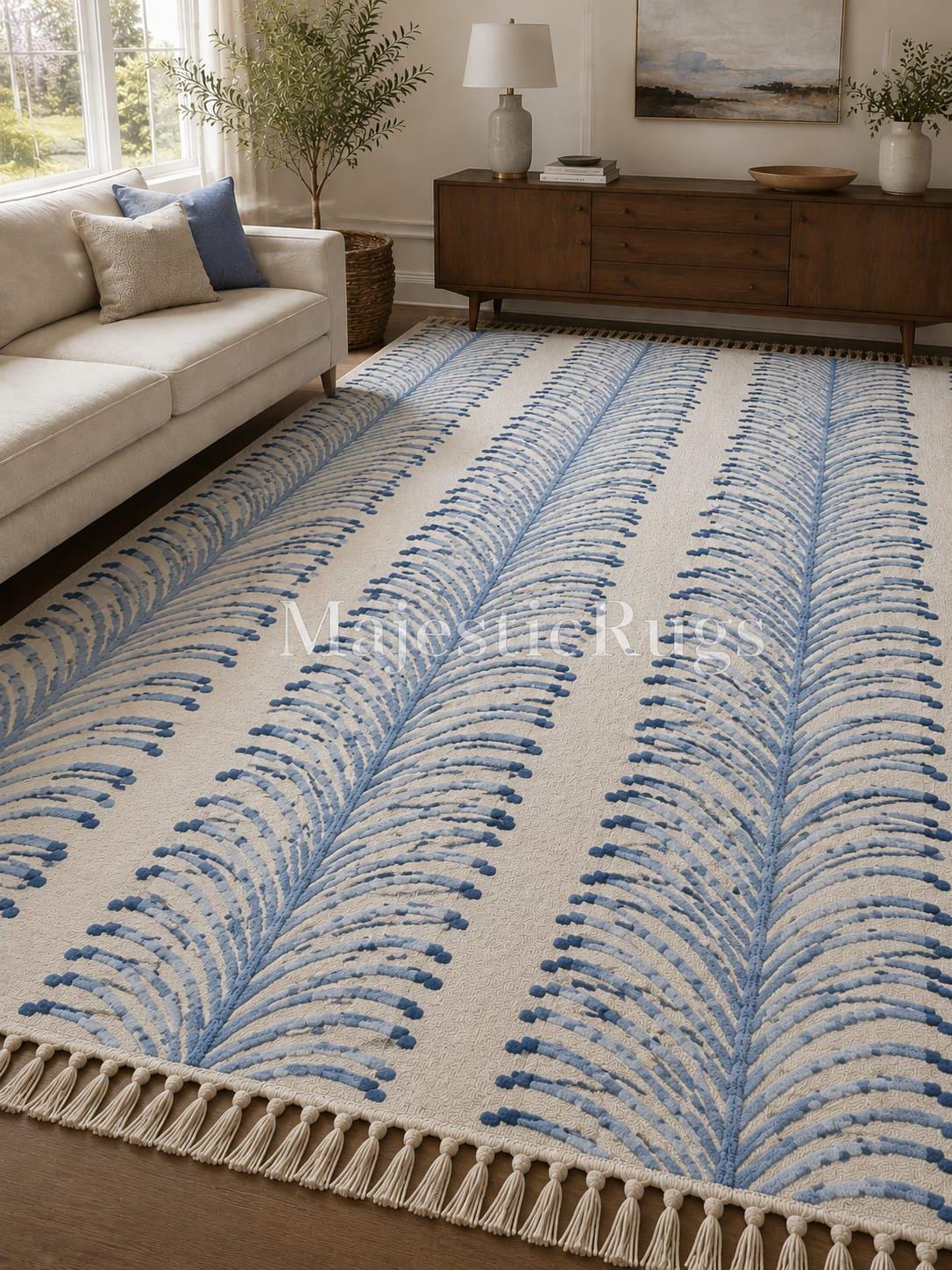 Blue Palm Hand Knotted Rug, 8x10 9x12 feet Modern Wool Area Rug, Neutral Boho Carpet, Luxury Handmade Living Room Rug