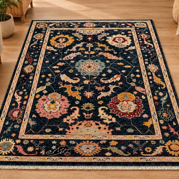 Hand Knotted Navy Oushak Rug, Vintage Floral Wool Area Rug, Turkish Inspired Living Room Carpet, Custom Size Rug