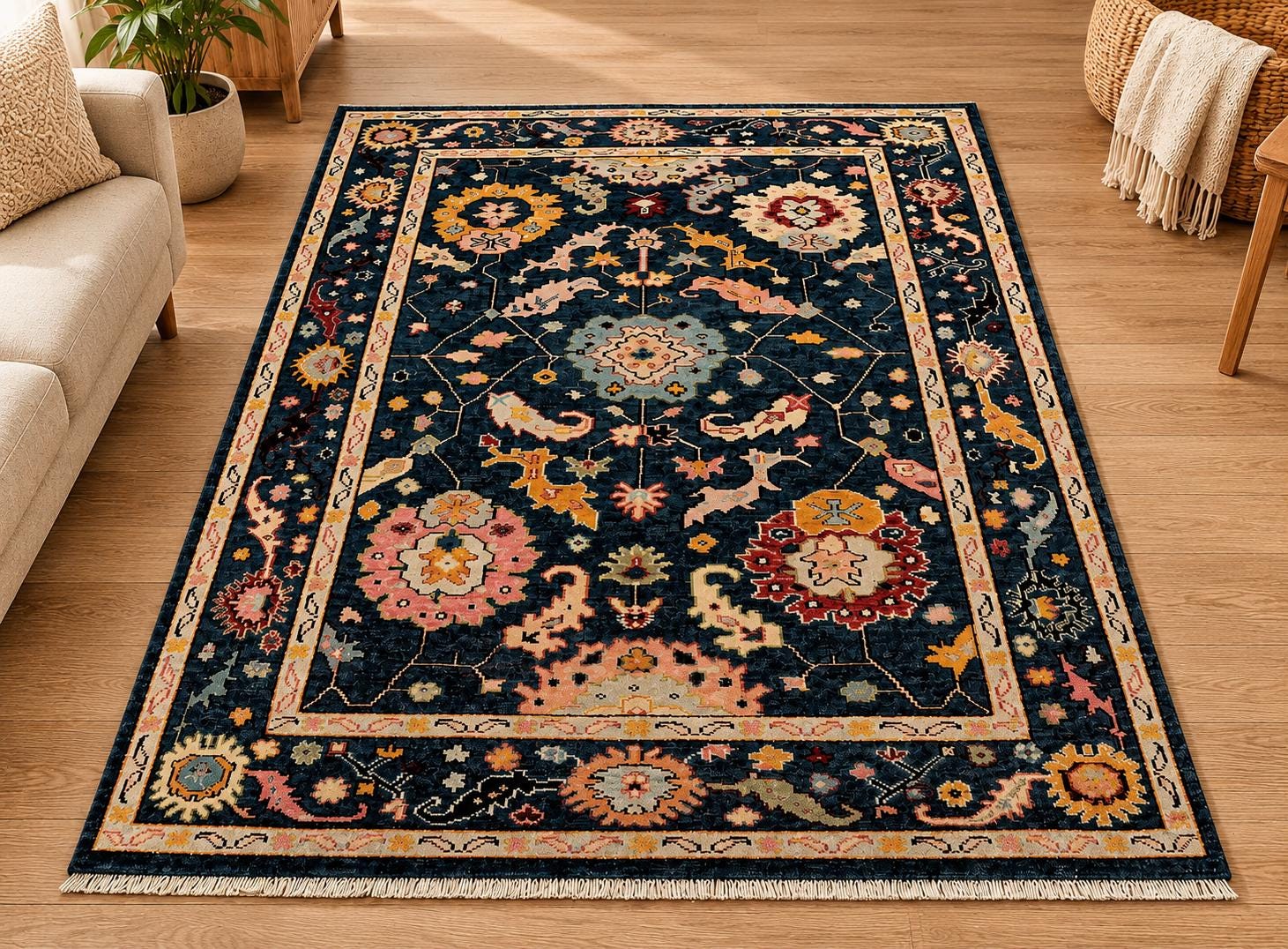 Hand Knotted Navy Oushak Rug, Vintage Floral Wool Area Rug, Turkish Inspired Living Room Carpet, Custom Size Rug