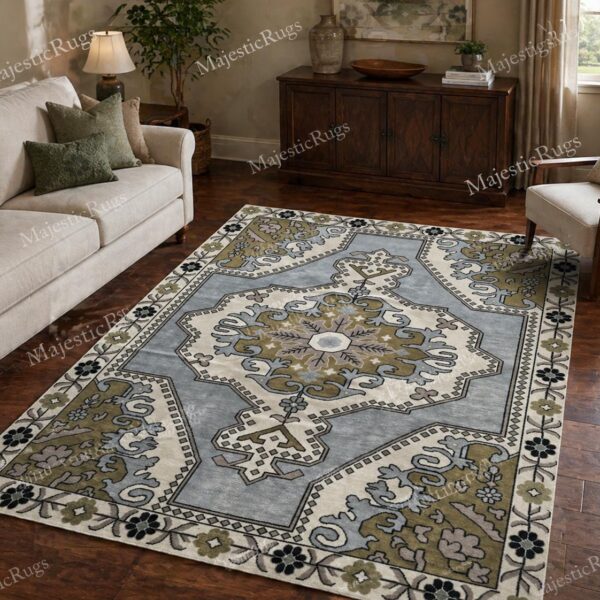 Hand Knotted Oushak Rug, Blue Ivory Wool Floral Medallion Area Rug, Vintage Turkish Style Living Room Carpet, 12x18 10x14 Rug