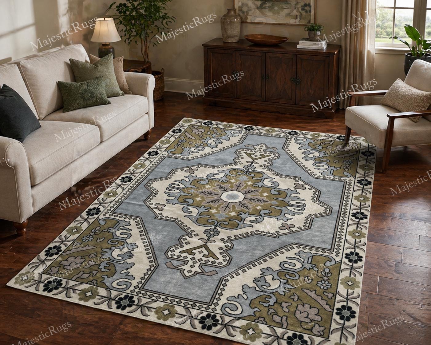 Hand Knotted Oushak Rug, Blue Ivory Wool Floral Medallion Area Rug, Vintage Turkish Style Living Room Carpet, 12x18 10x14 Rug