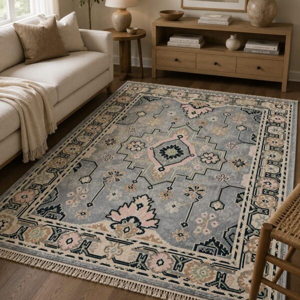 Hand Knotted Oushak Rug, Turkish Style Area Rug, Soft Blue & Pink Wool Carpet, Traditional Floral Living Room Rug, Custom Size Rug 8x10 9x12