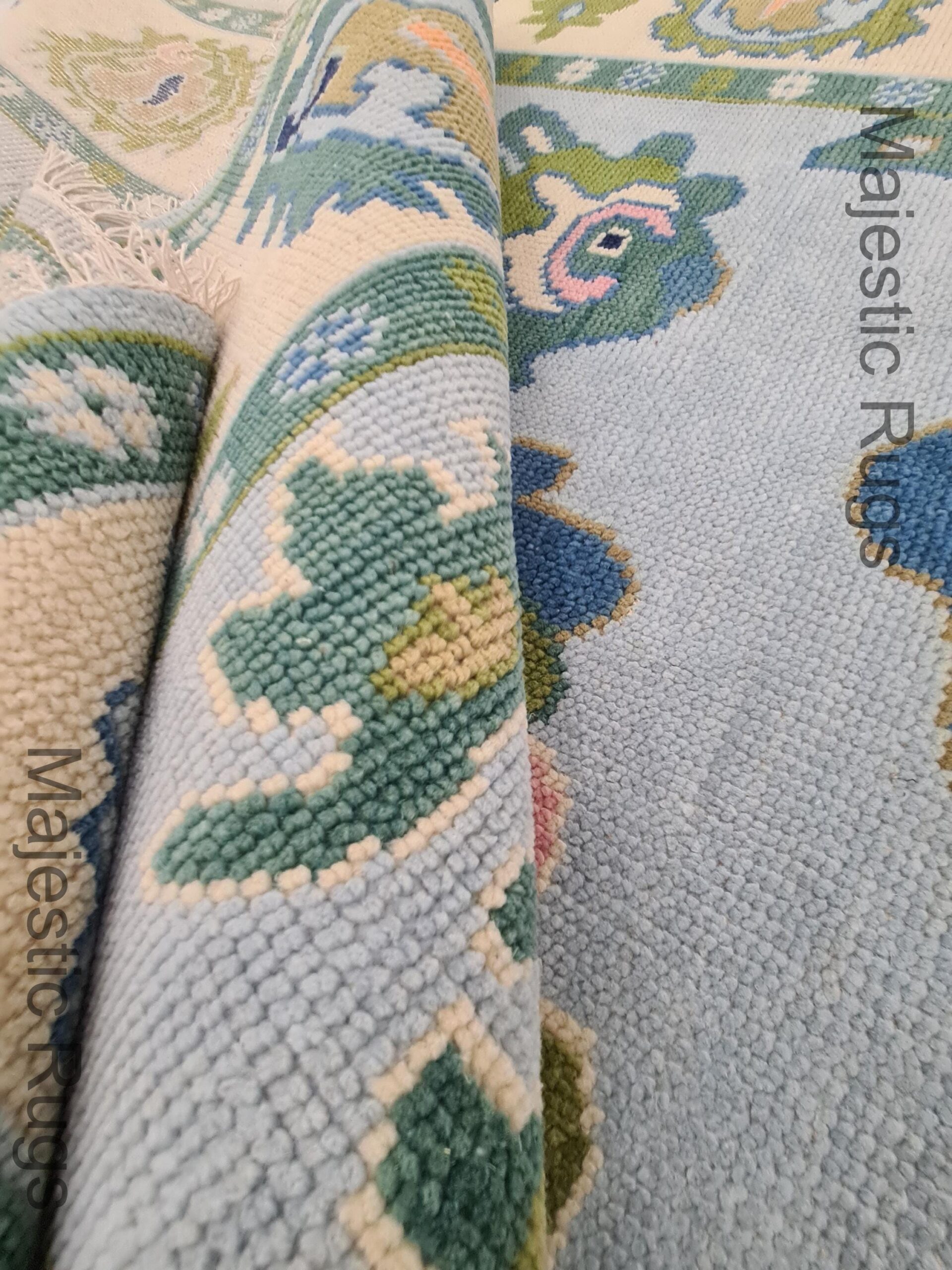 Hand knotted Wool Oushak Rug, Blue Green Pastel Oriental Style, 100% New Zealand Wool