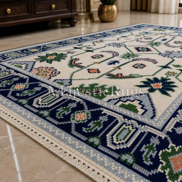 Hand Knotted Wool Oushak Rug, 9x12 10x14 8x10 feet Blue Beige Ivory Turkish Carpet Area Rug
