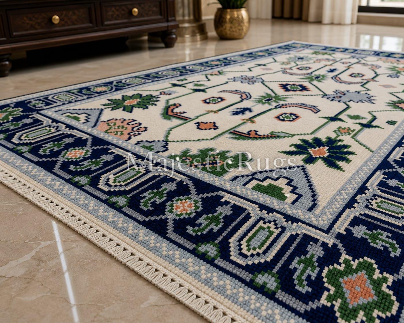 Hand Knotted Wool Oushak Rug, 9x12 10x14 8x10 feet Blue Beige Ivory Turkish Carpet Area Rug
