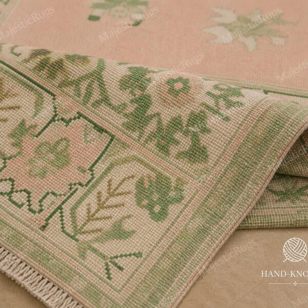 Pink & Green Oushak Area Rug, Handmade Wool Floral Carpet, Customisation Available