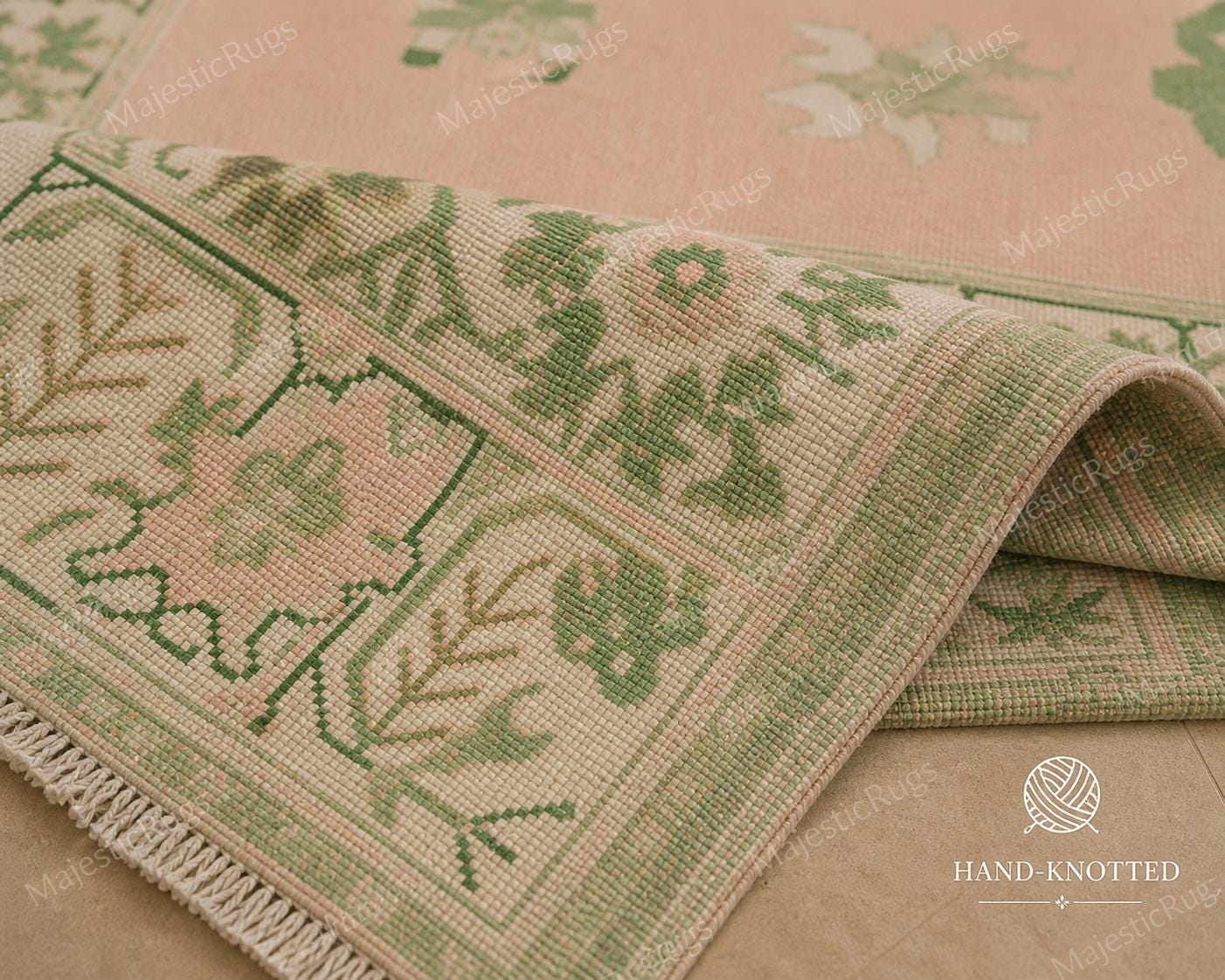 Pink & Green Oushak Area Rug, Handmade Wool Floral Carpet, Customisation Available