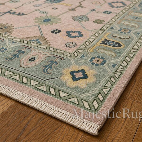 Hand Knotted Oushak Rug, 9*12 feet Blush Pink Sage Green Wool Area Rug