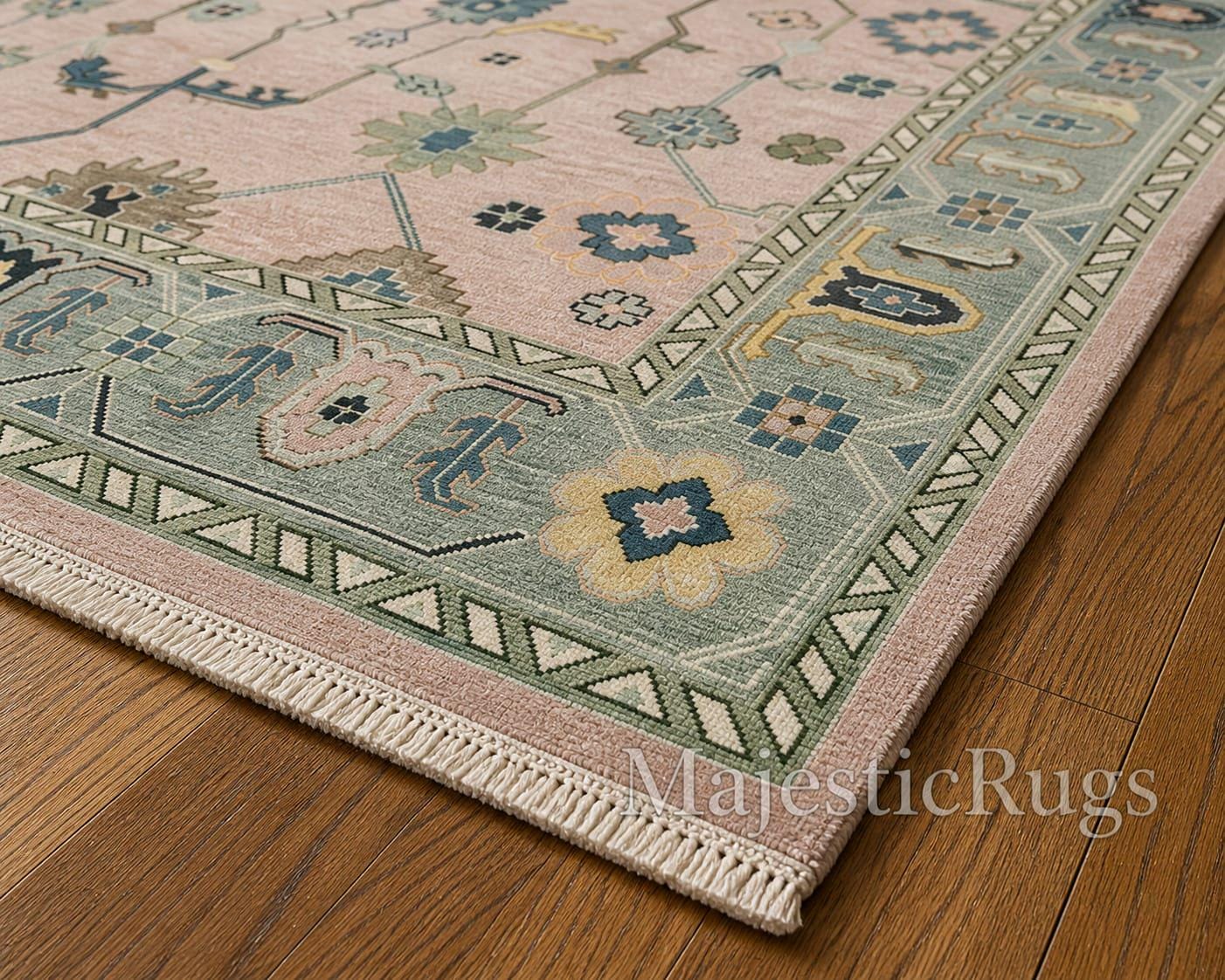 Hand Knotted Oushak Rug, 9*12 feet Blush Pink Sage Green Wool Area Rug