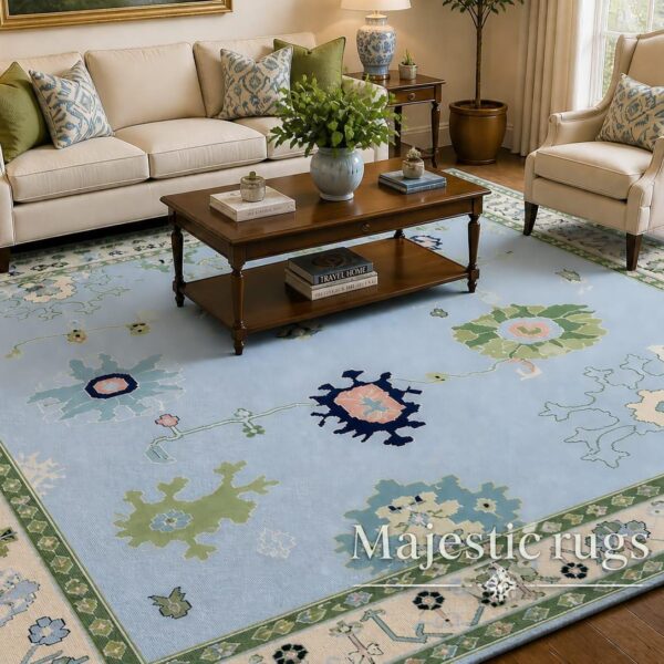 9x12 Blue & Green Oushak Area Rug, Handmade Wool Floral Rug, Classic Traditional Living Room Carpet