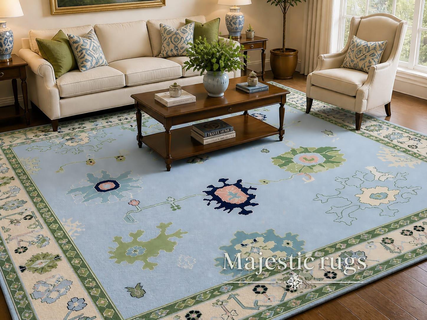 9x12 Blue & Green Oushak Area Rug, Handmade Wool Floral Rug, Classic Traditional Living Room Carpet
