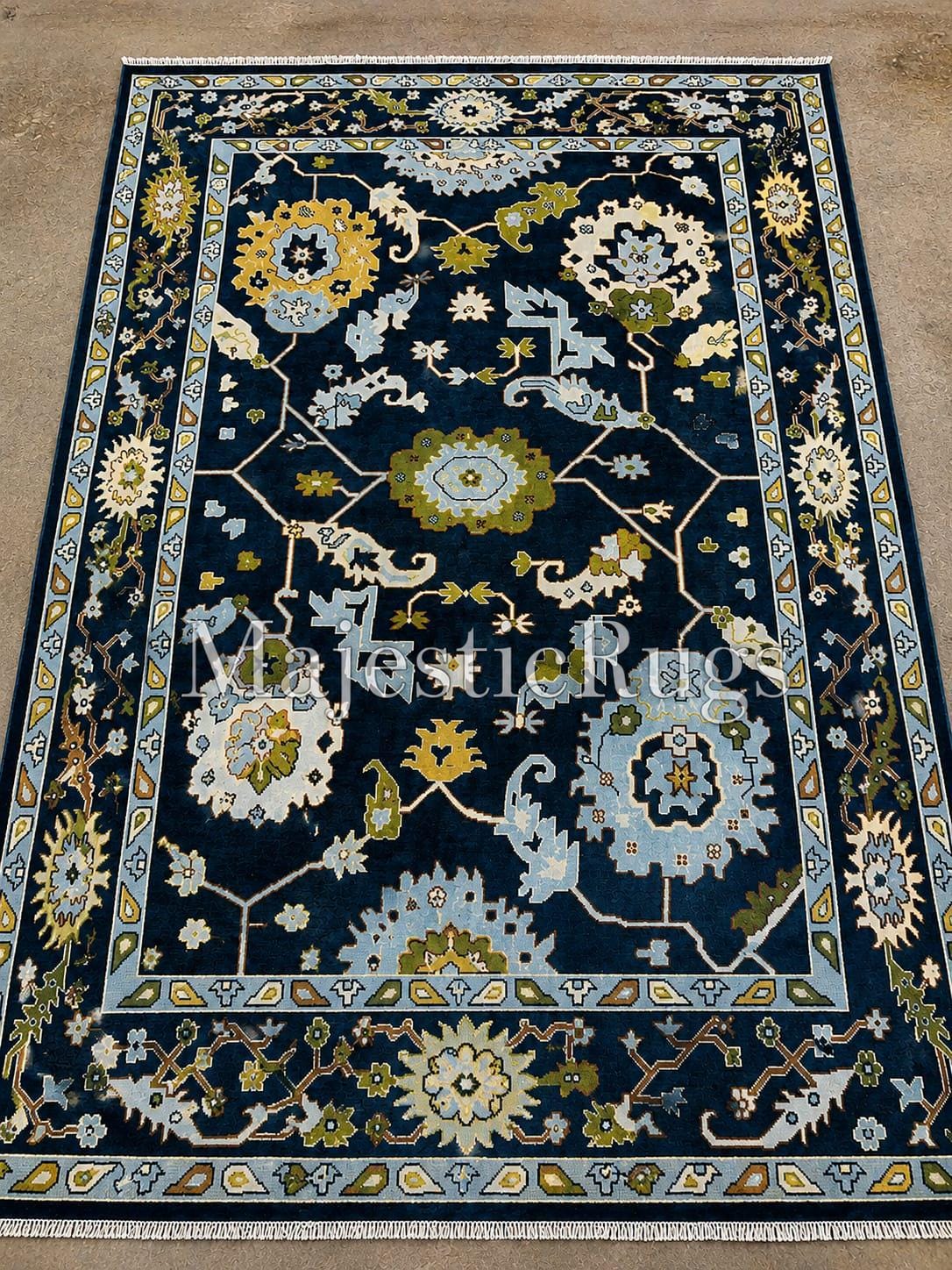 Navy Blue Hand Knotted Rug, Traditional Wool Area Rug, Vintage Floral Carpet, 9x12 12x14 8x10 Living Room Rug, Custom Size Rug