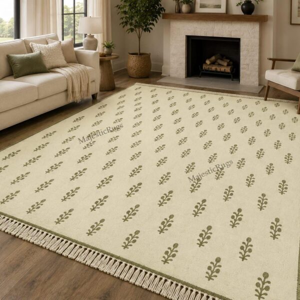 Ivory Green Hand Knotted Rug, 8x10 9x12 10x14 Oushak Area Rug, Neutral Wool Carpet, Custom Handmade Rug for Living Room