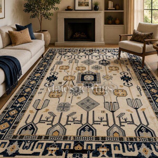 Luxury Hand Knotted Rug, Tribal Geometric Area Rug, 9x12 10x14 and 12x18 Navy Blue Beige Wool Rug, Artisan Handmade Carpet, Living Room Rug,
