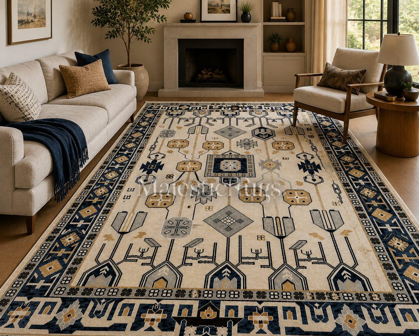 Luxury Hand Knotted Rug, Tribal Geometric Area Rug, 9x12 10x14 and 12x18 Navy Blue Beige Wool Rug, Artisan Handmade Carpet, Living Room Rug,