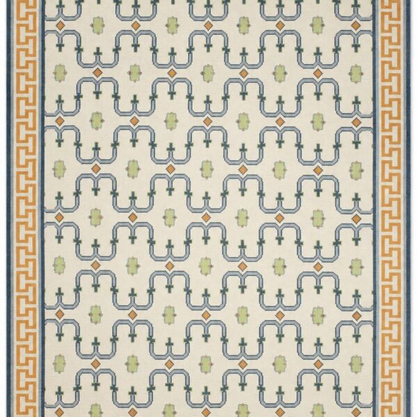 Hand Knotted Oushak Rug, Geometric Wool Area Rug, Greek Key Border rug, 8x10 9x12 12x15 Ivory Blue Orange Rug, Traditional Turkish Style Rug