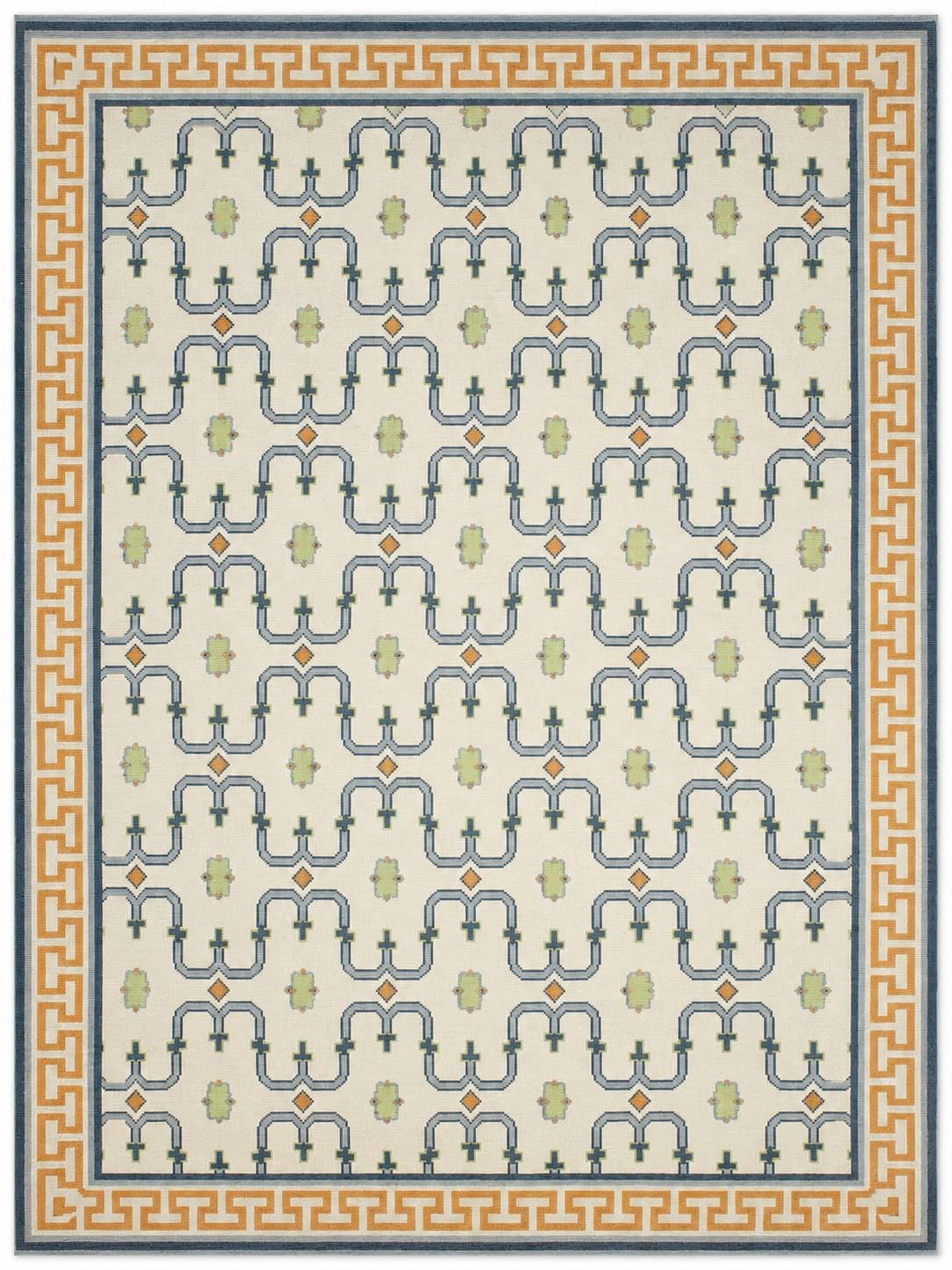 Hand Knotted Oushak Rug, Geometric Wool Area Rug, Greek Key Border rug, 8x10 9x12 12x15 Ivory Blue Orange Rug, Traditional Turkish Style Rug